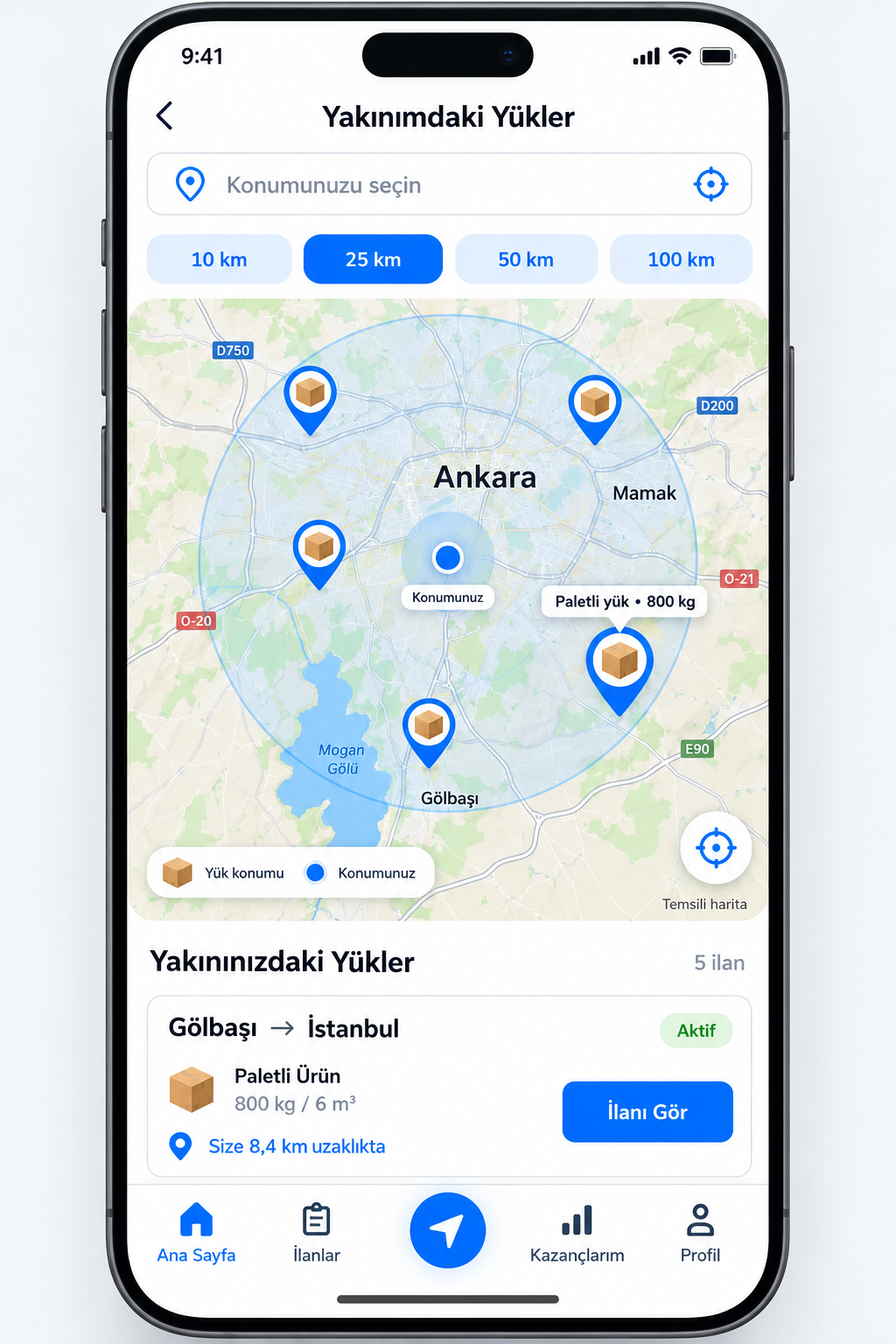 Kargo Yol uygulamasında kutu işaretçileriyle yakındaki yükler ekranı